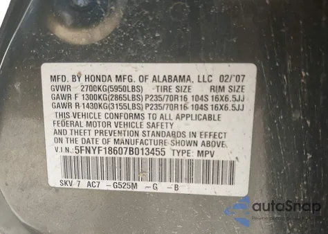 2007 Honda Pilot Ex-L z USA, uszkodzony, nr VIN 5FNYF18607B013455